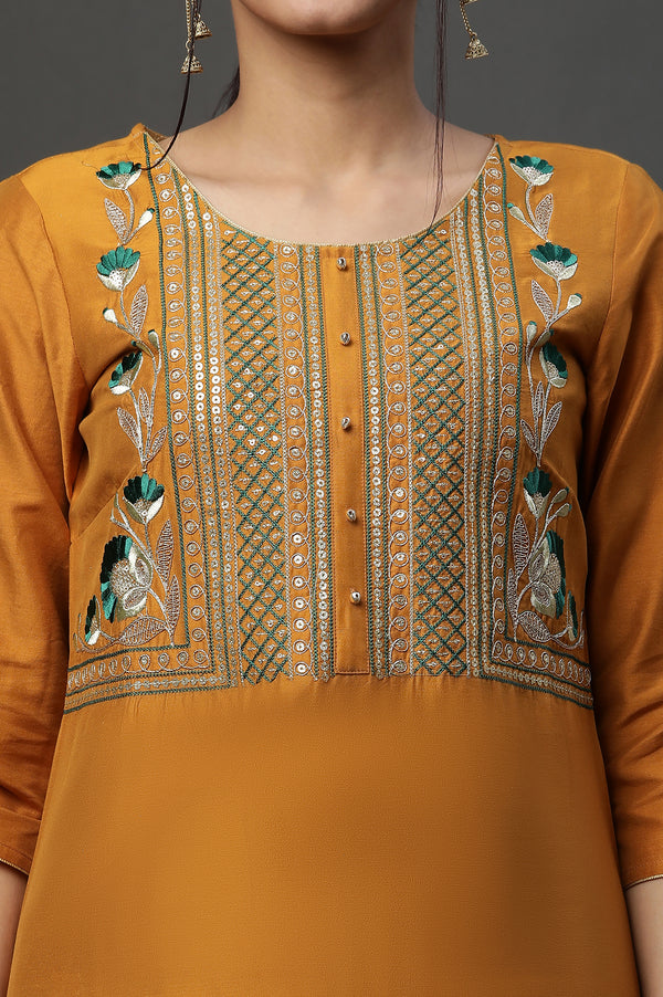 Yellow Dori Emb & Zari & Sequins Viscose Blend Straight Kurta and Flared Skirt Set