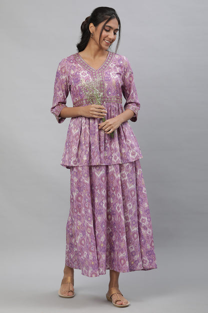 Purple Ikkat Printed Embroidered Dress