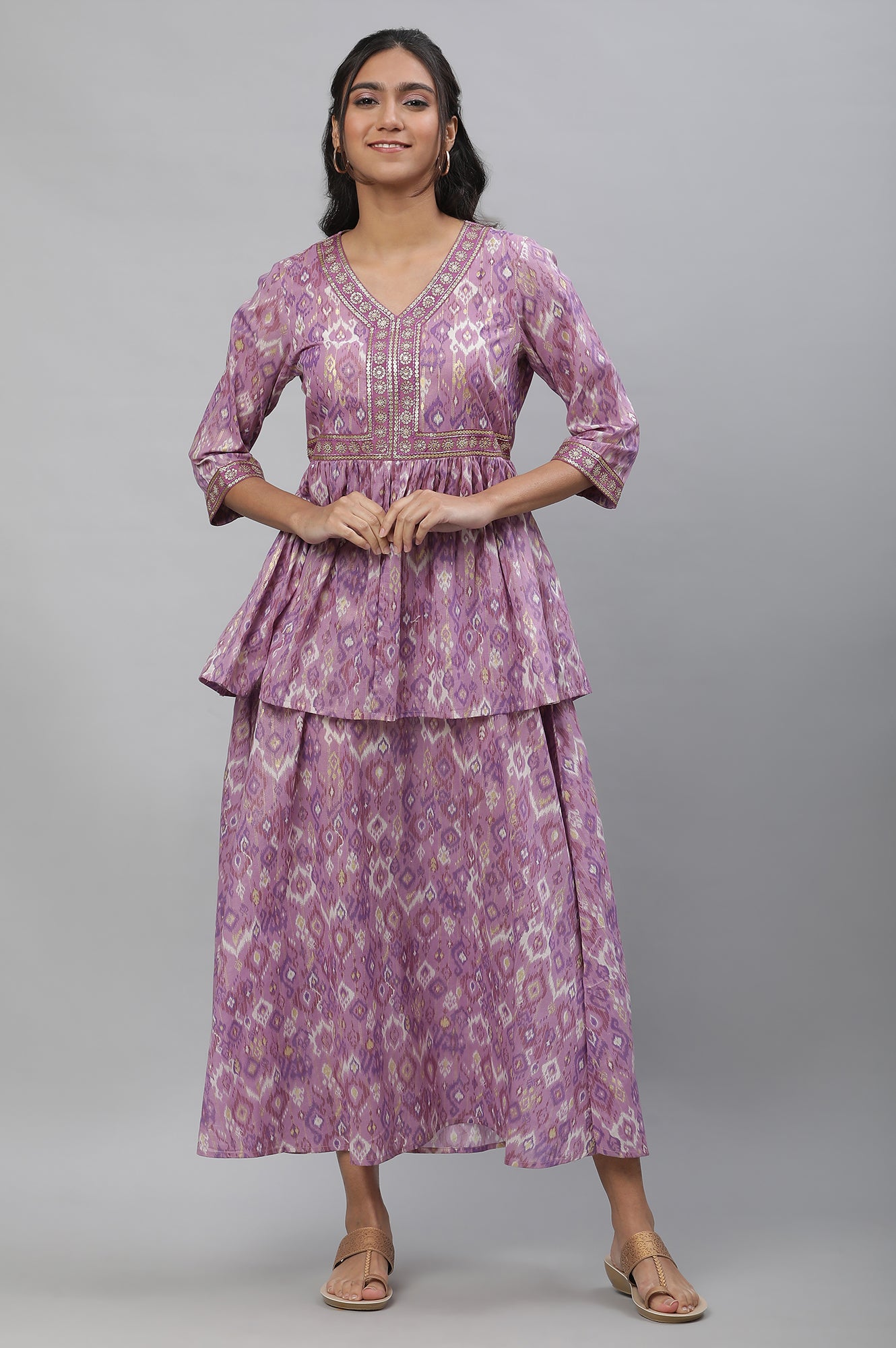 Purple Ikkat Printed Embroidered Dress