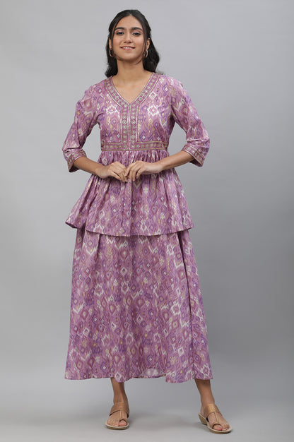 Purple Ikkat Printed Embroidered Dress