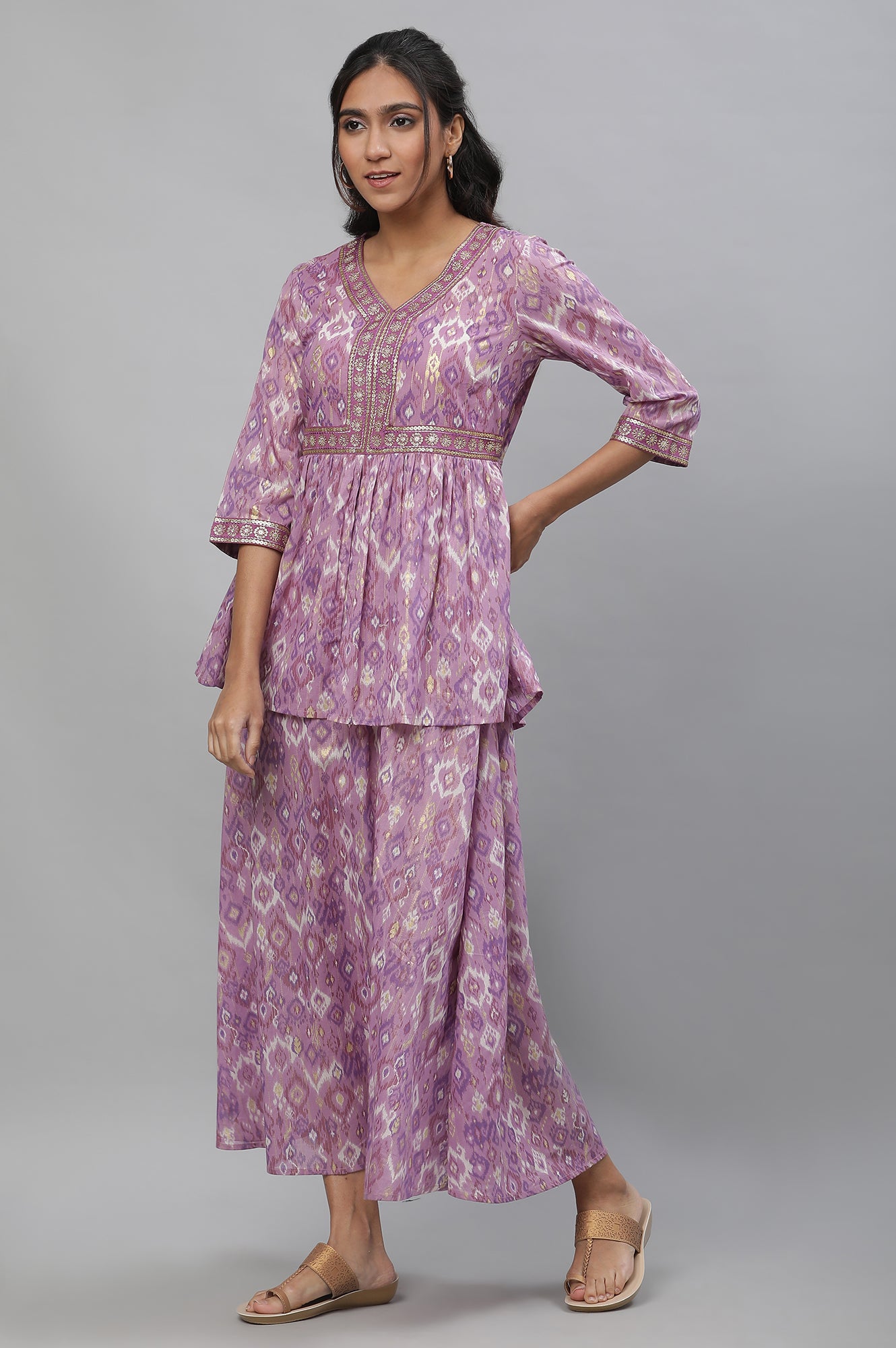 Purple Ikkat Printed Embroidered Dress