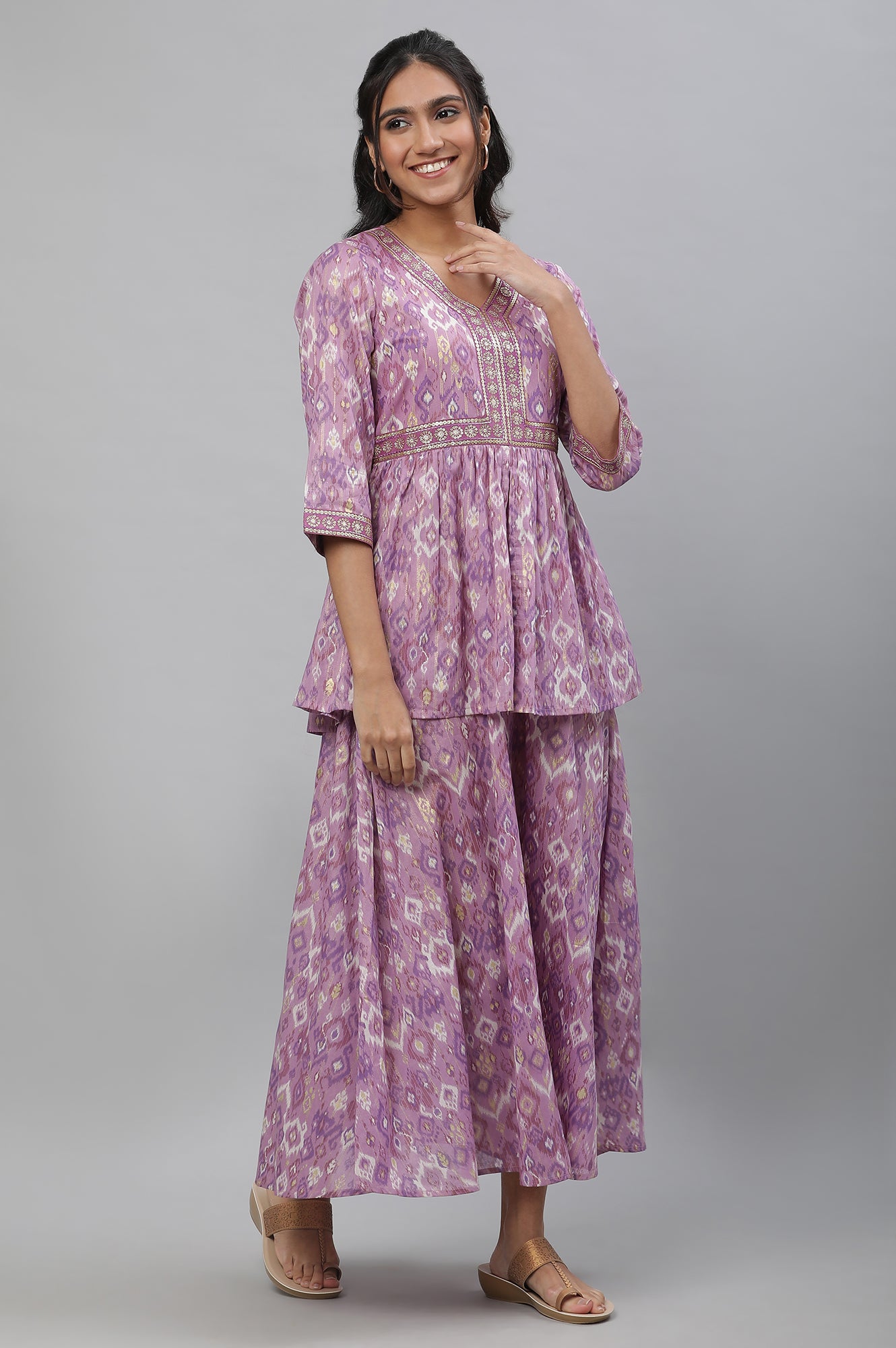 Purple Ikkat Printed Embroidered Dress