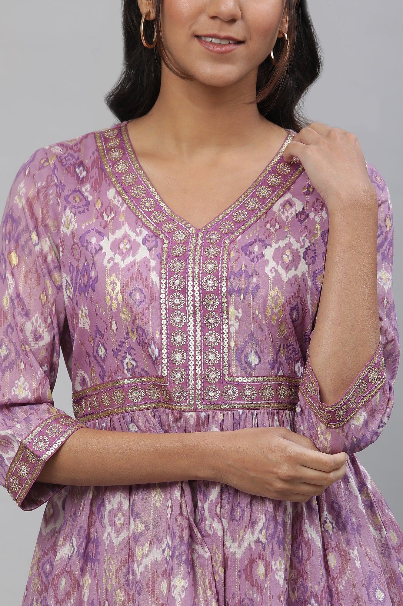 Purple Ikkat Printed Embroidered Dress