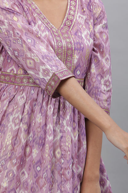 Purple Ikkat Printed Embroidered Dress