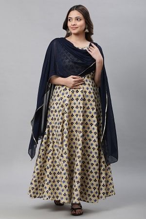 Beige Printed Flared Dress with Attached Dupatta