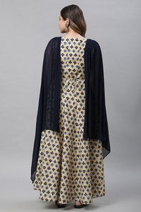 Beige Printed Flared Dress with Attached Dupatta
