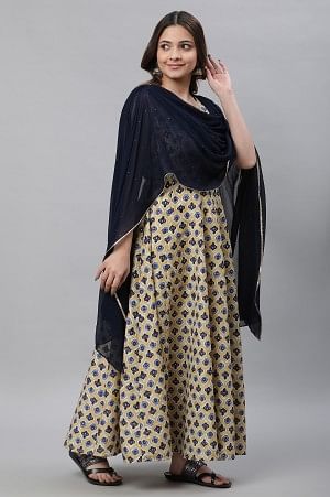 Beige Printed Flared Dress with Attached Dupatta