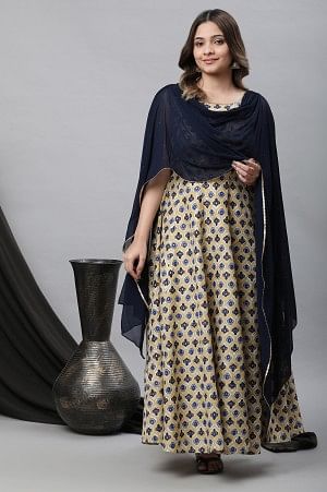 Beige Printed Flared Dress with Attached Dupatta