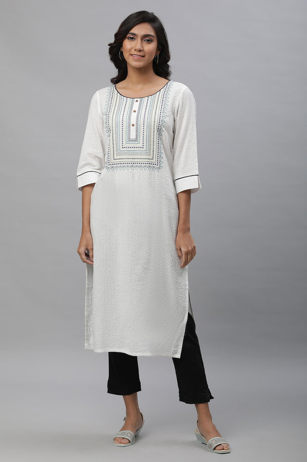 White Embroidered Textured Cotton Kurta