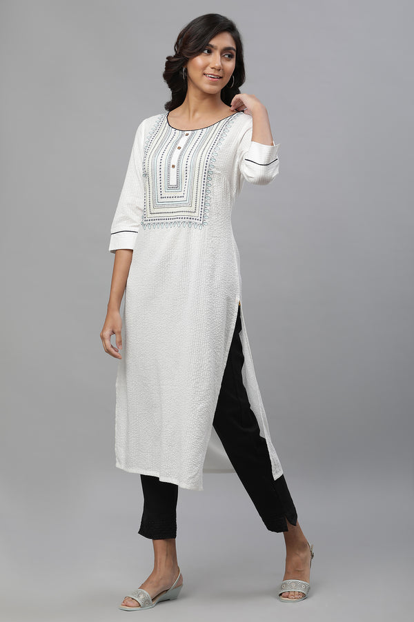 White Embroidered Textured Cotton Kurta