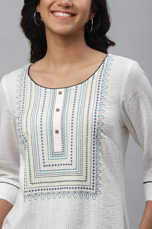White Embroidered Textured Cotton Kurta
