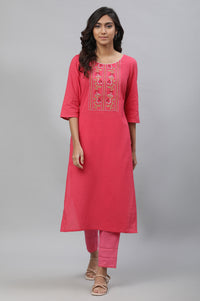 Pink Seer Sucker Embroidered Kurta