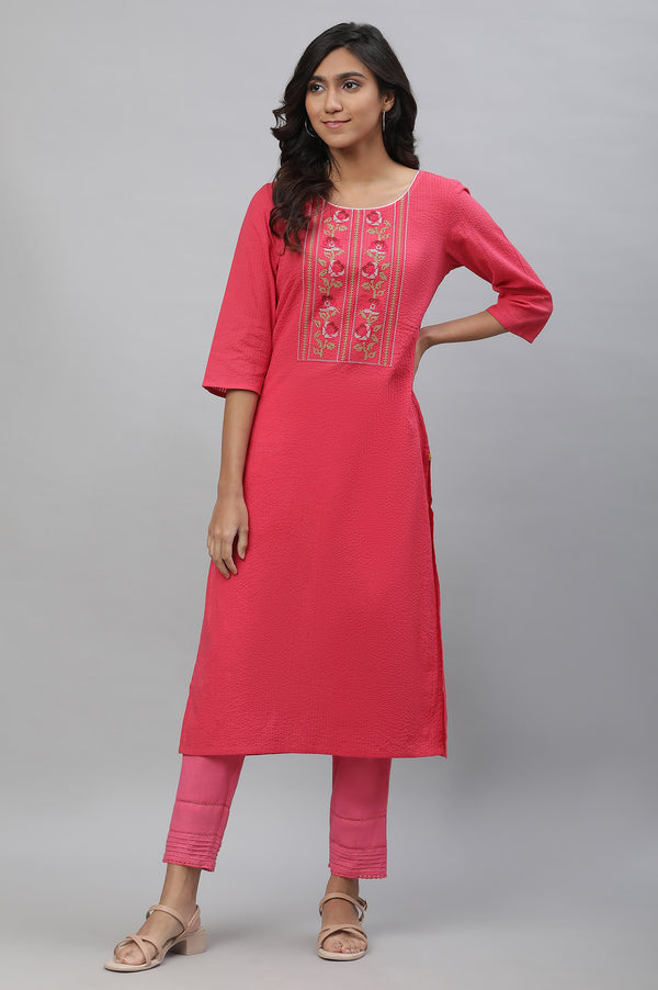 Pink Textured Cotton Embroidered Kurta