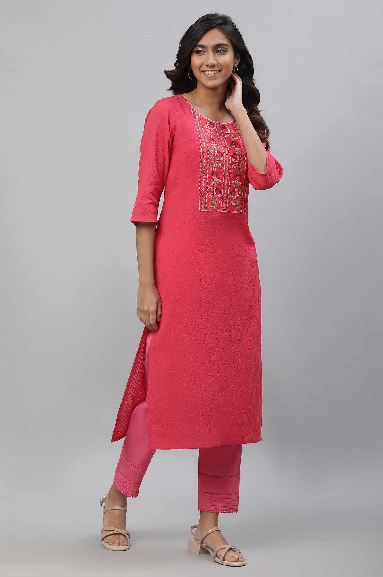 Pink Seer Sucker Embroidered Kurta