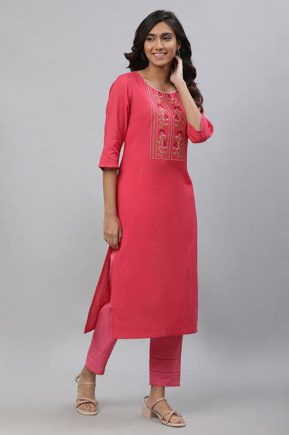 Pink Seer Sucker Embroidered Kurta