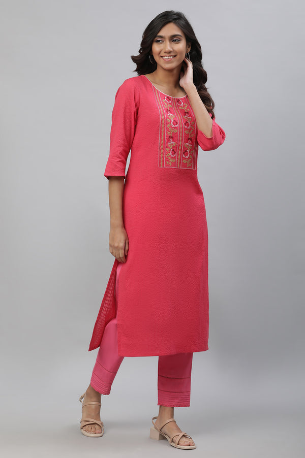 Pink Textured Cotton Embroidered Kurta