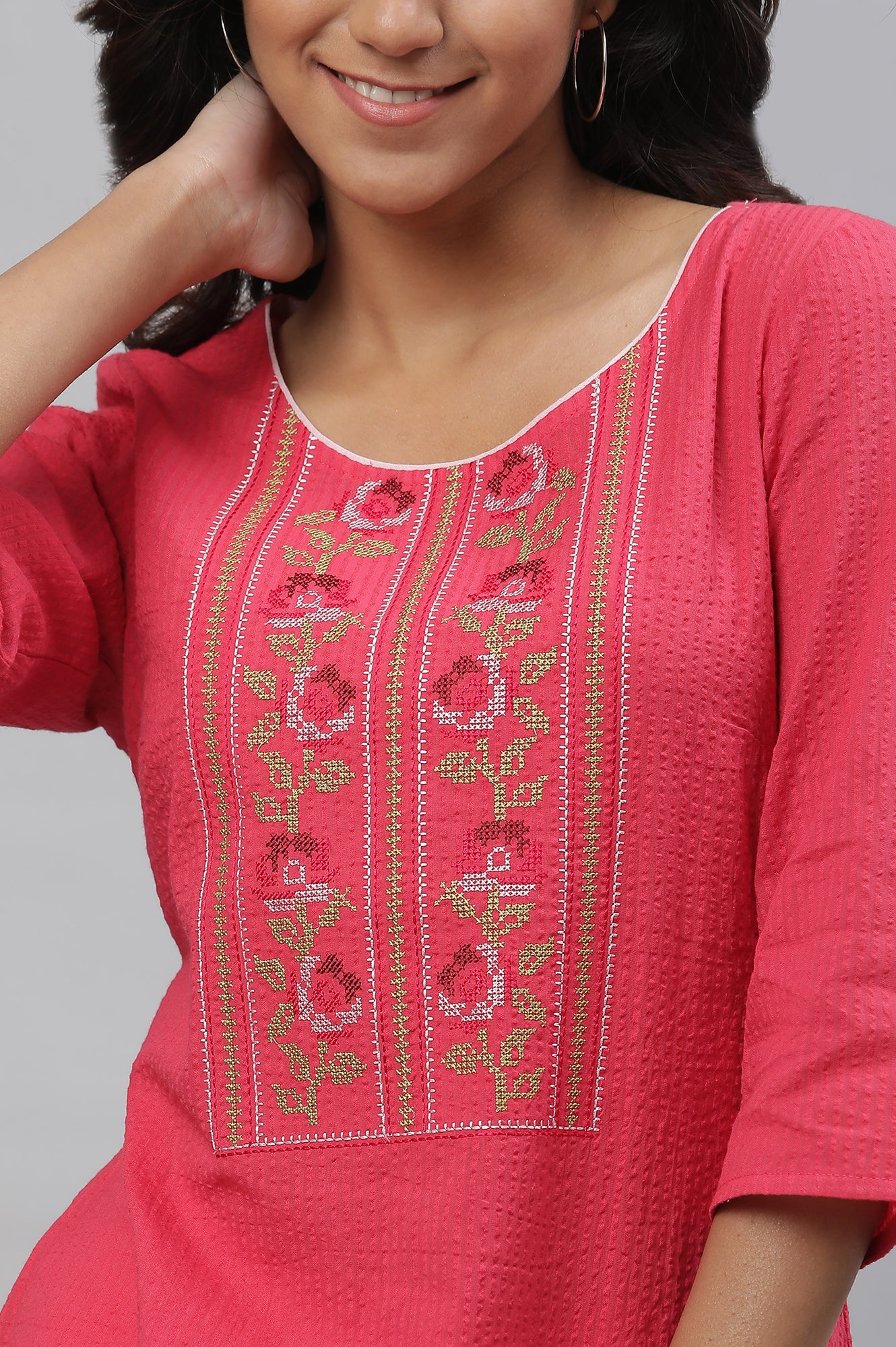 Pink Seer Sucker Embroidered Kurta