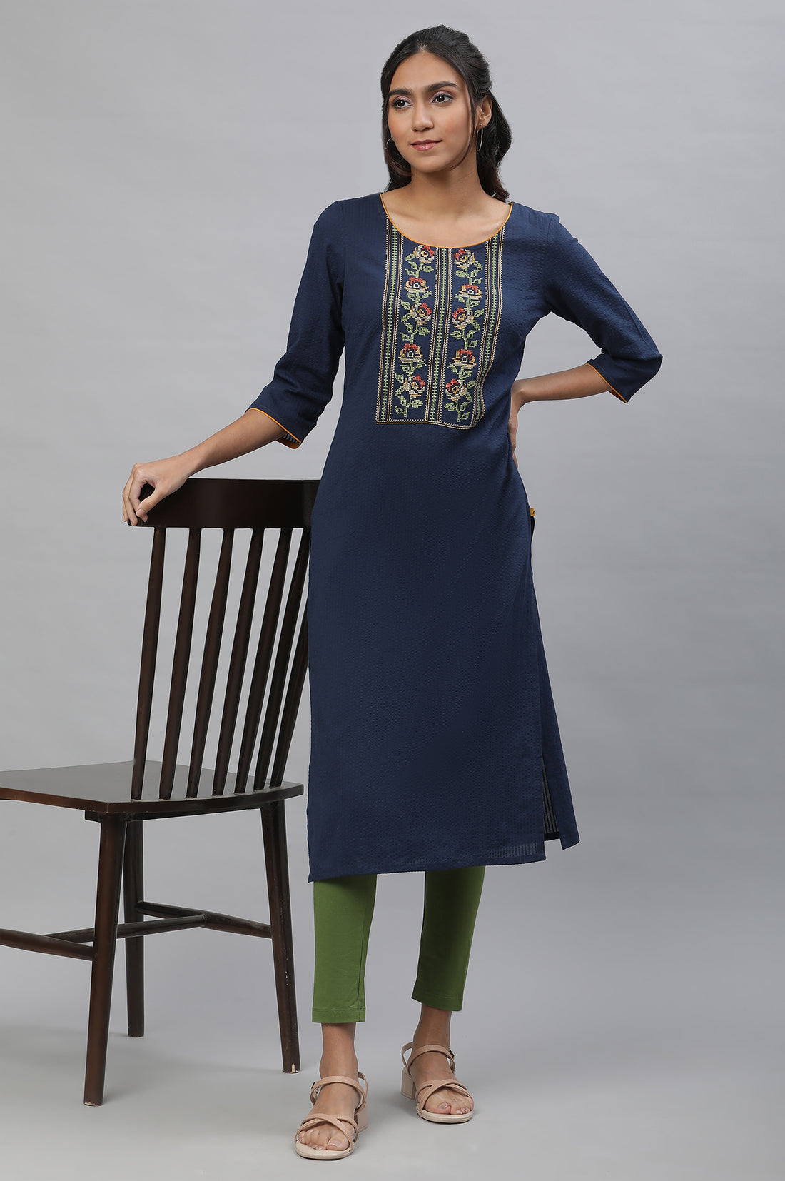 Blue Thread Embroidered Textured Cotton Kurta