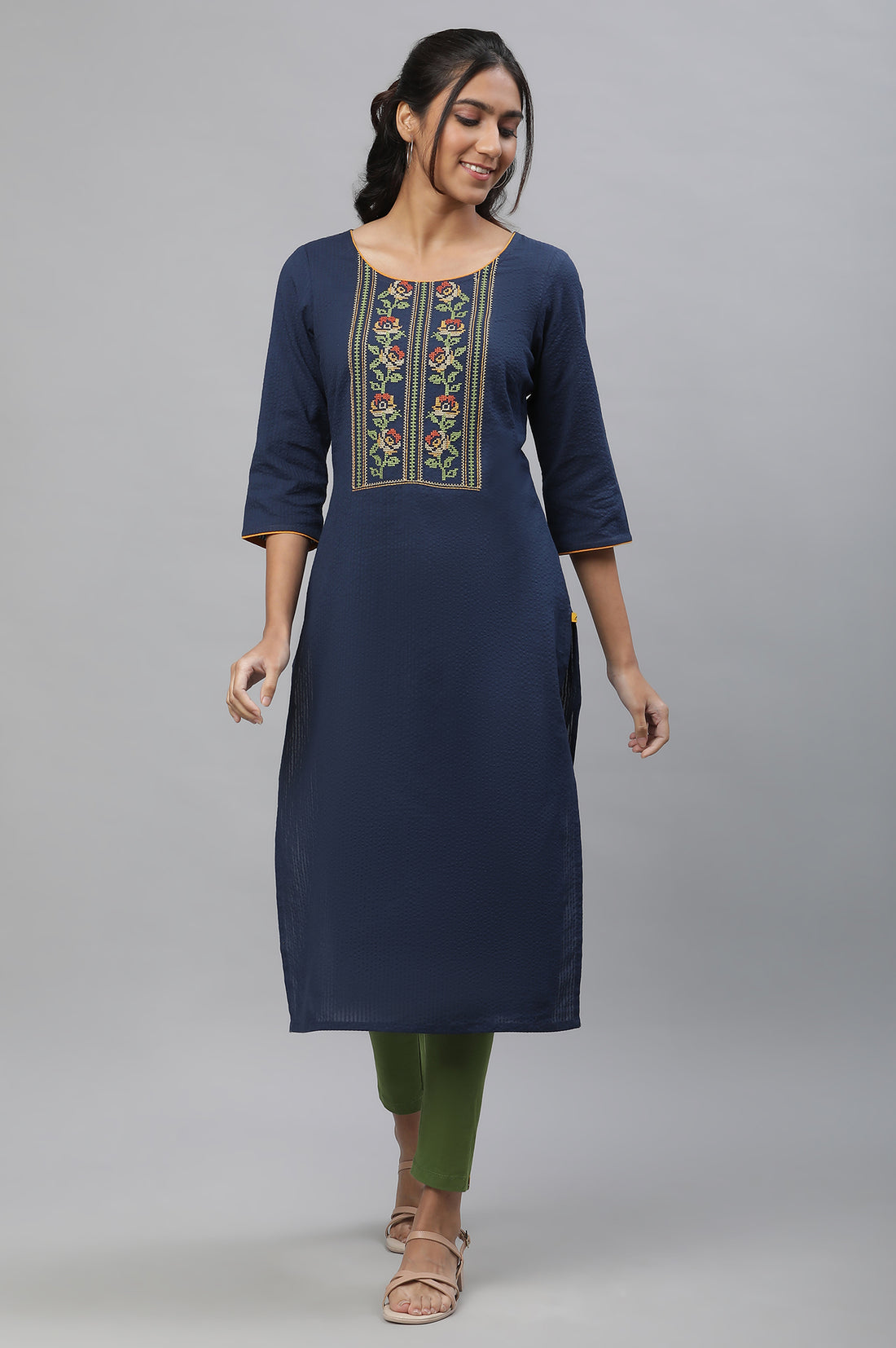Blue Thread Embroidered Textured Cotton Kurta