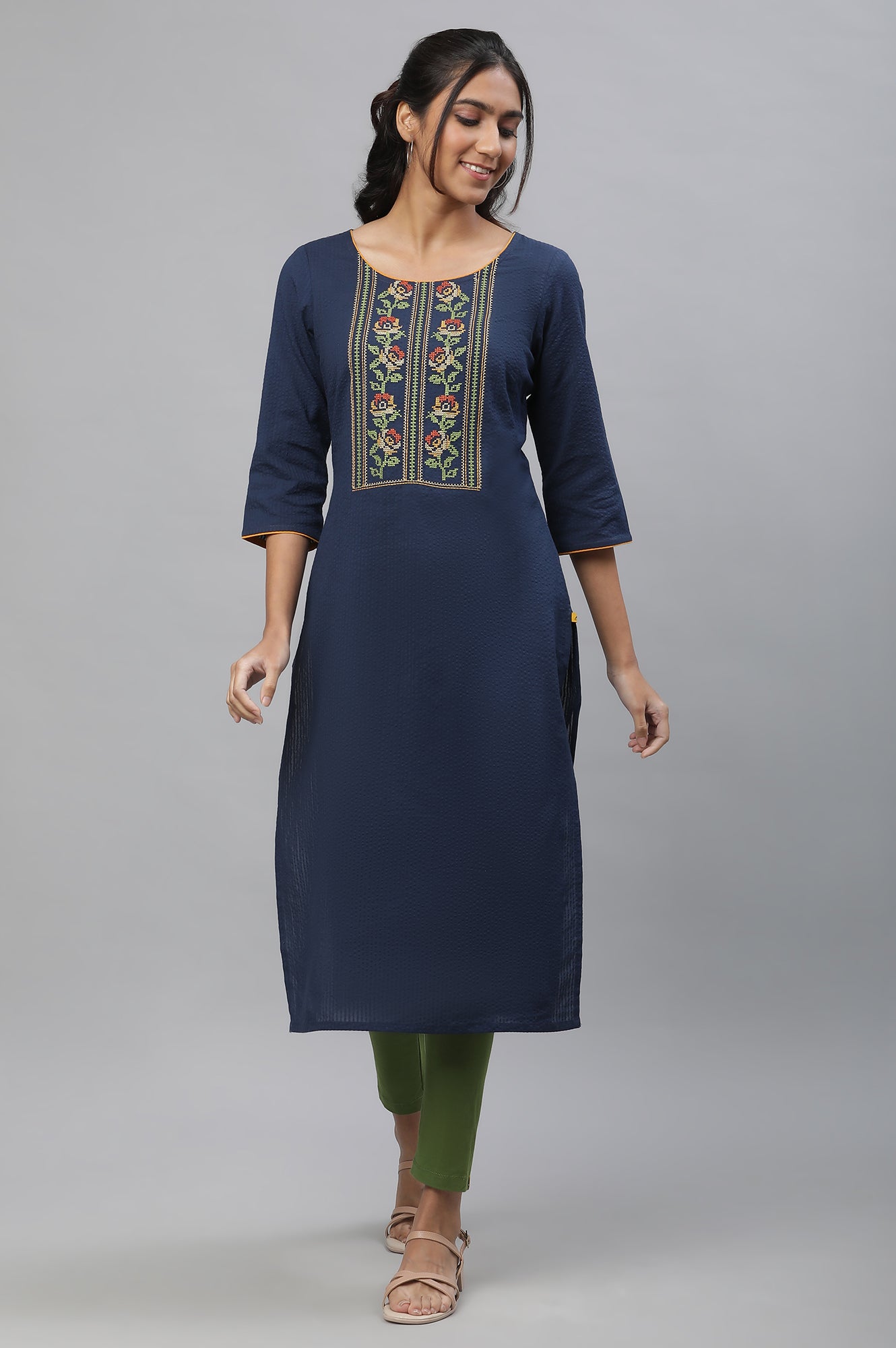 Blue Thread Embroidered Seer Sucker Kurta