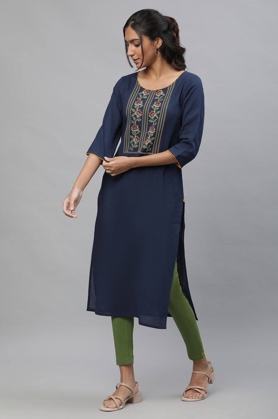 Blue Thread Embroidered Textured Cotton Kurta