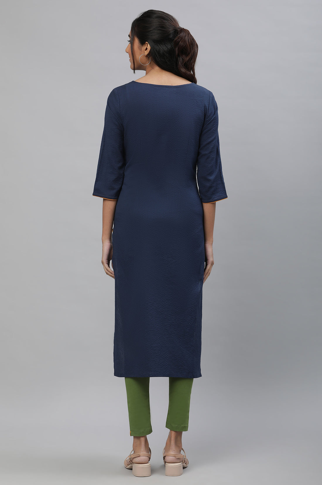 Blue Thread Embroidered Textured Cotton Kurta