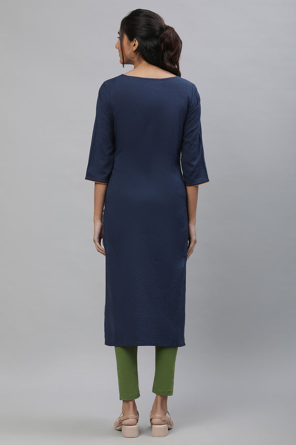 Blue Thread Embroidered Textured Cotton Kurta