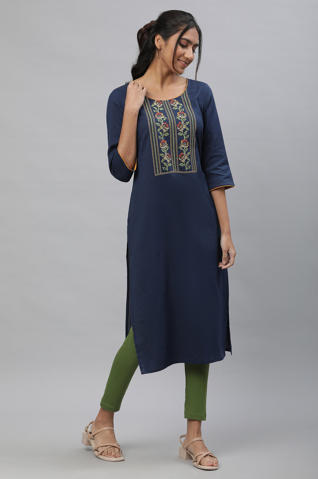 Blue Thread Embroidered Textured Cotton Kurta