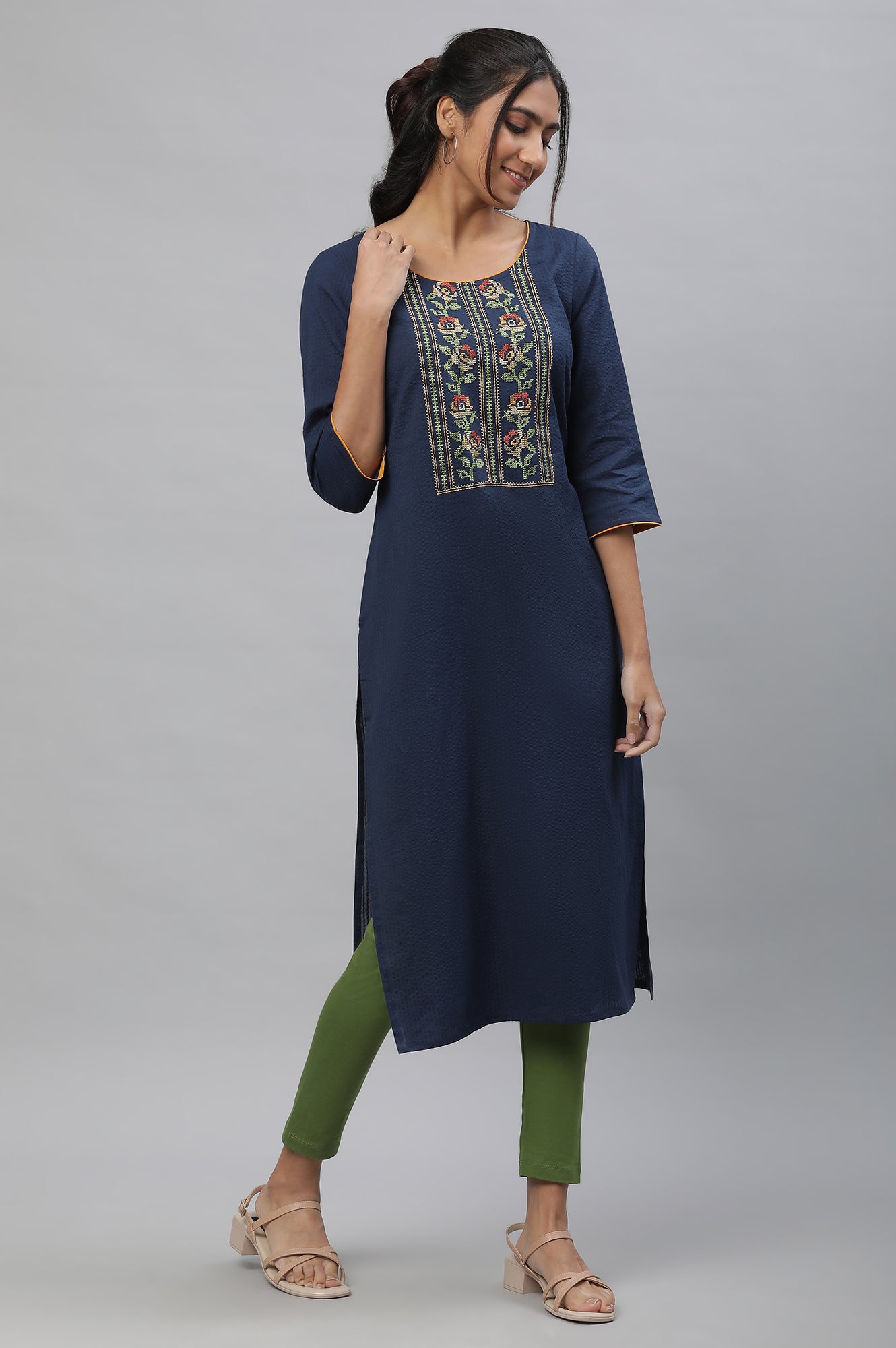 Blue Thread Embroidered Seer Sucker Kurta