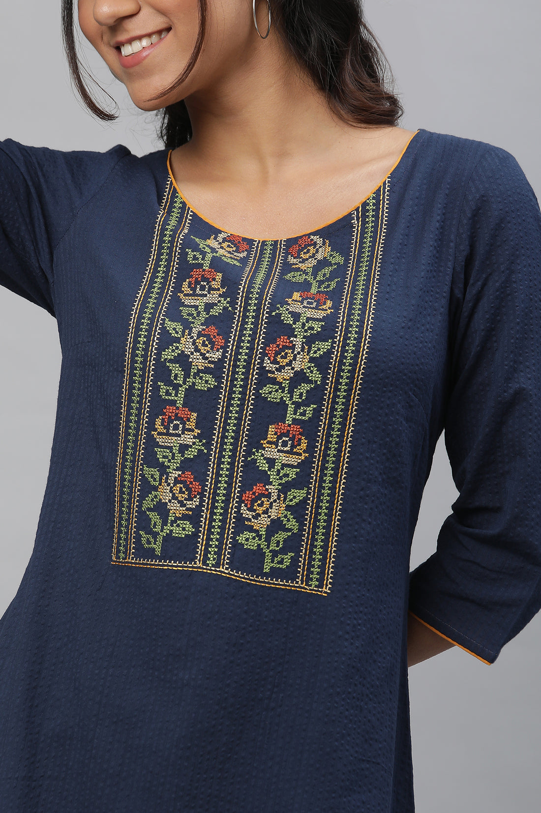Blue Thread Embroidered Textured Cotton Kurta