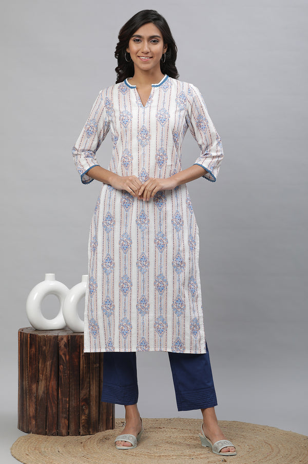 White & Blue Printed Straight Kurta