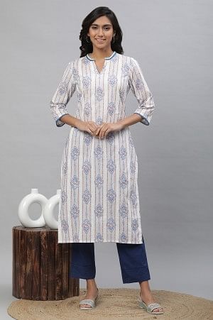 White & Blue Printed Straight Kurta