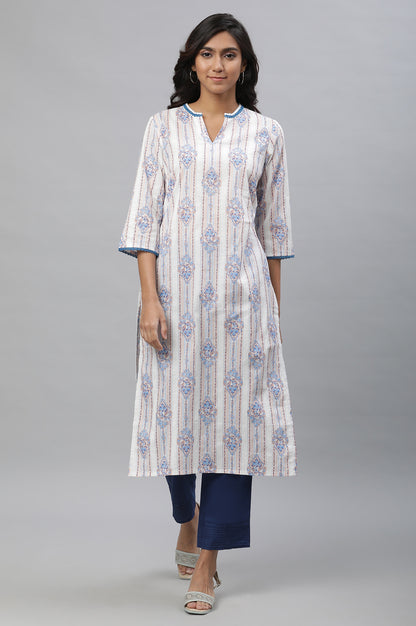 White &amp; Blue Printed Straight Kurta