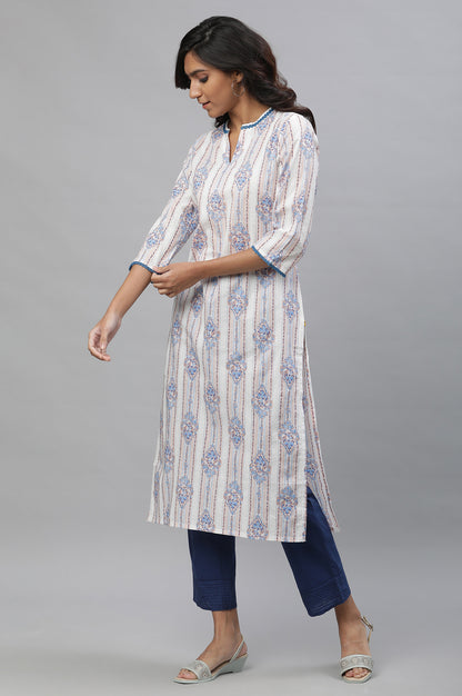 White &amp; Blue Printed Straight Kurta