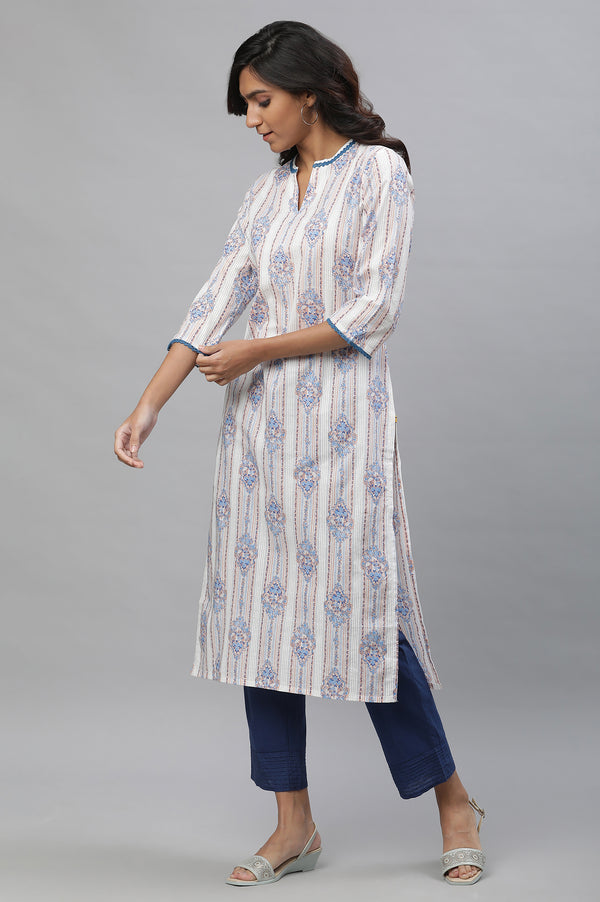 White & Blue Printed Straight Kurta