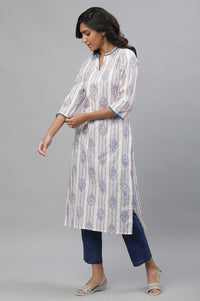 White &amp; Blue Printed Straight Kurta