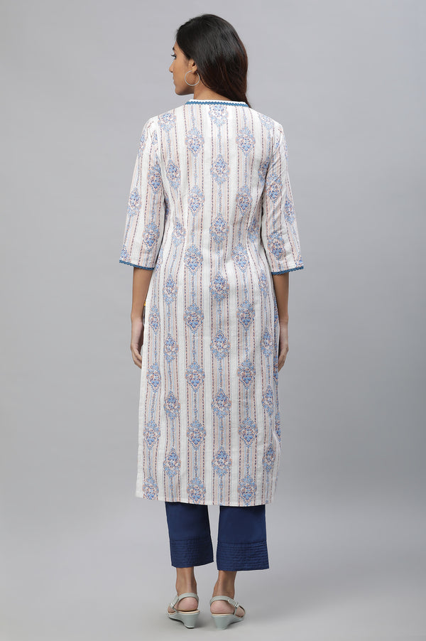White & Blue Printed Straight Kurta