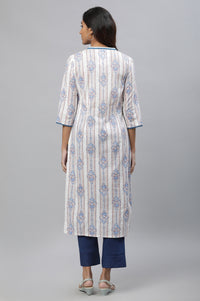 White &amp; Blue Printed Straight Kurta