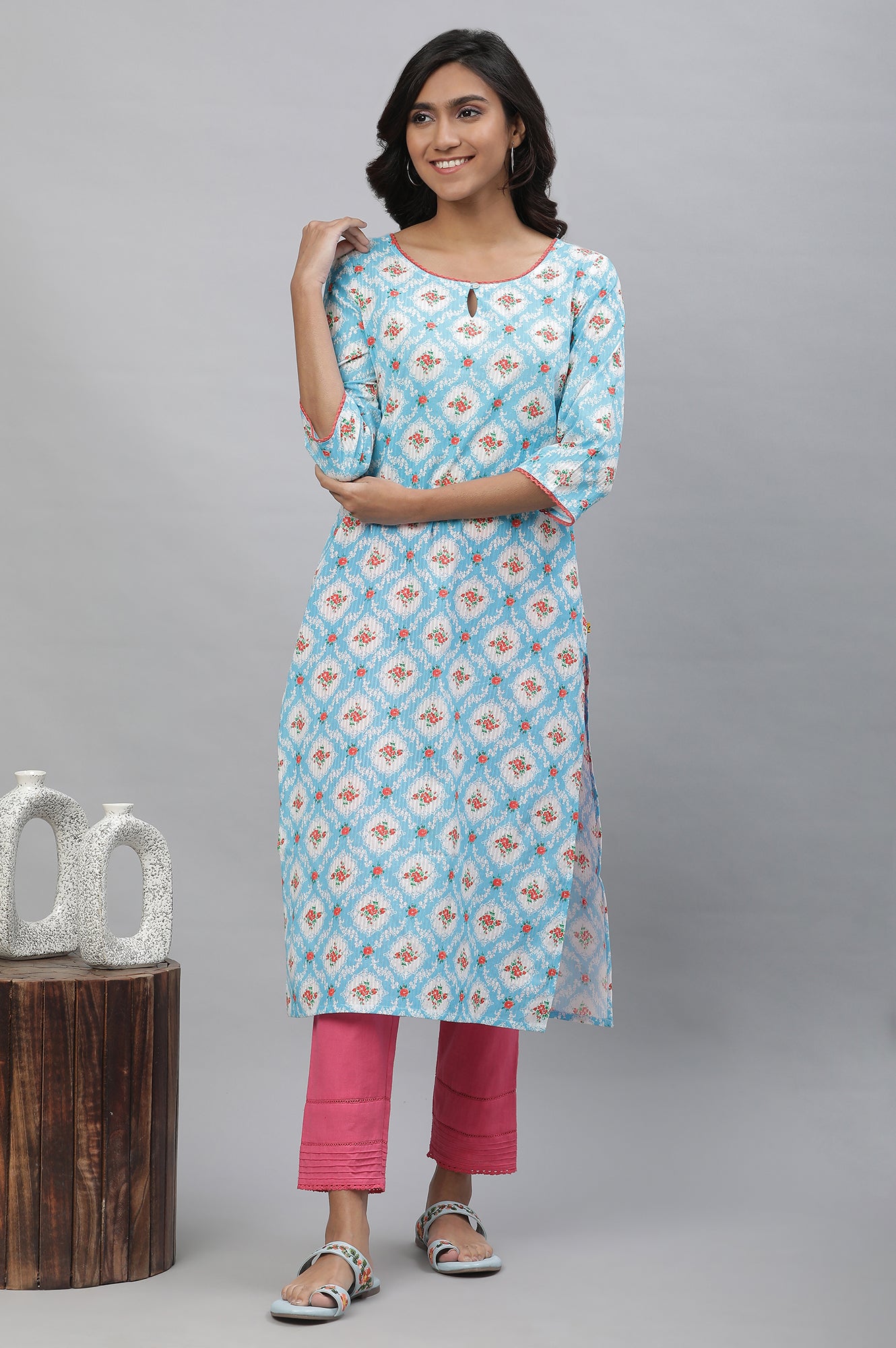 Blue Printed Kurta with Lace