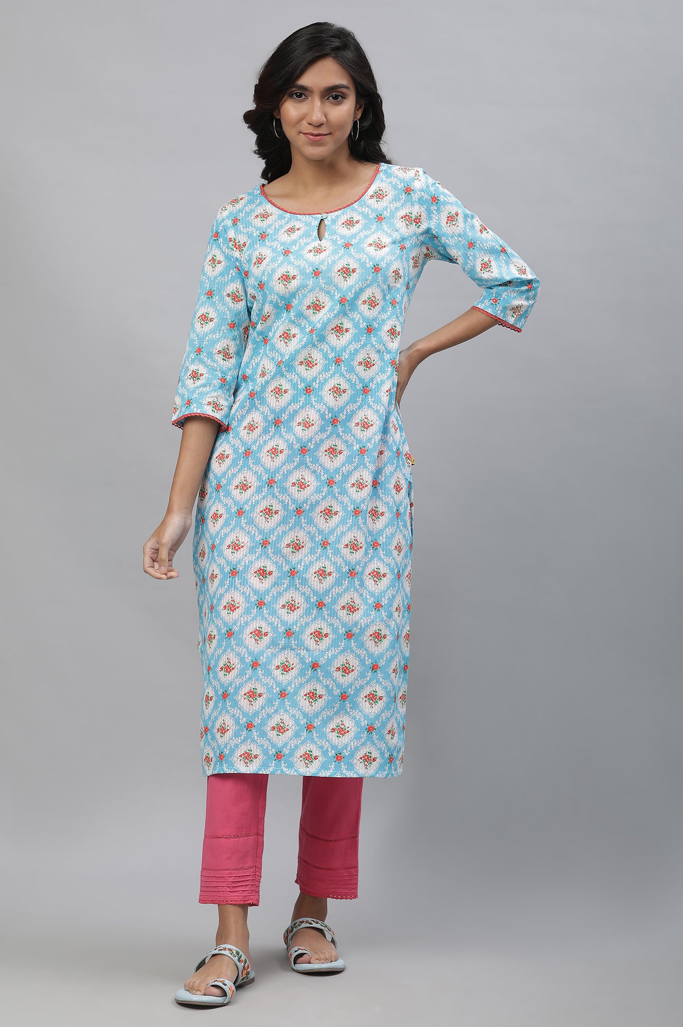 Blue Printed Kurta with Lace