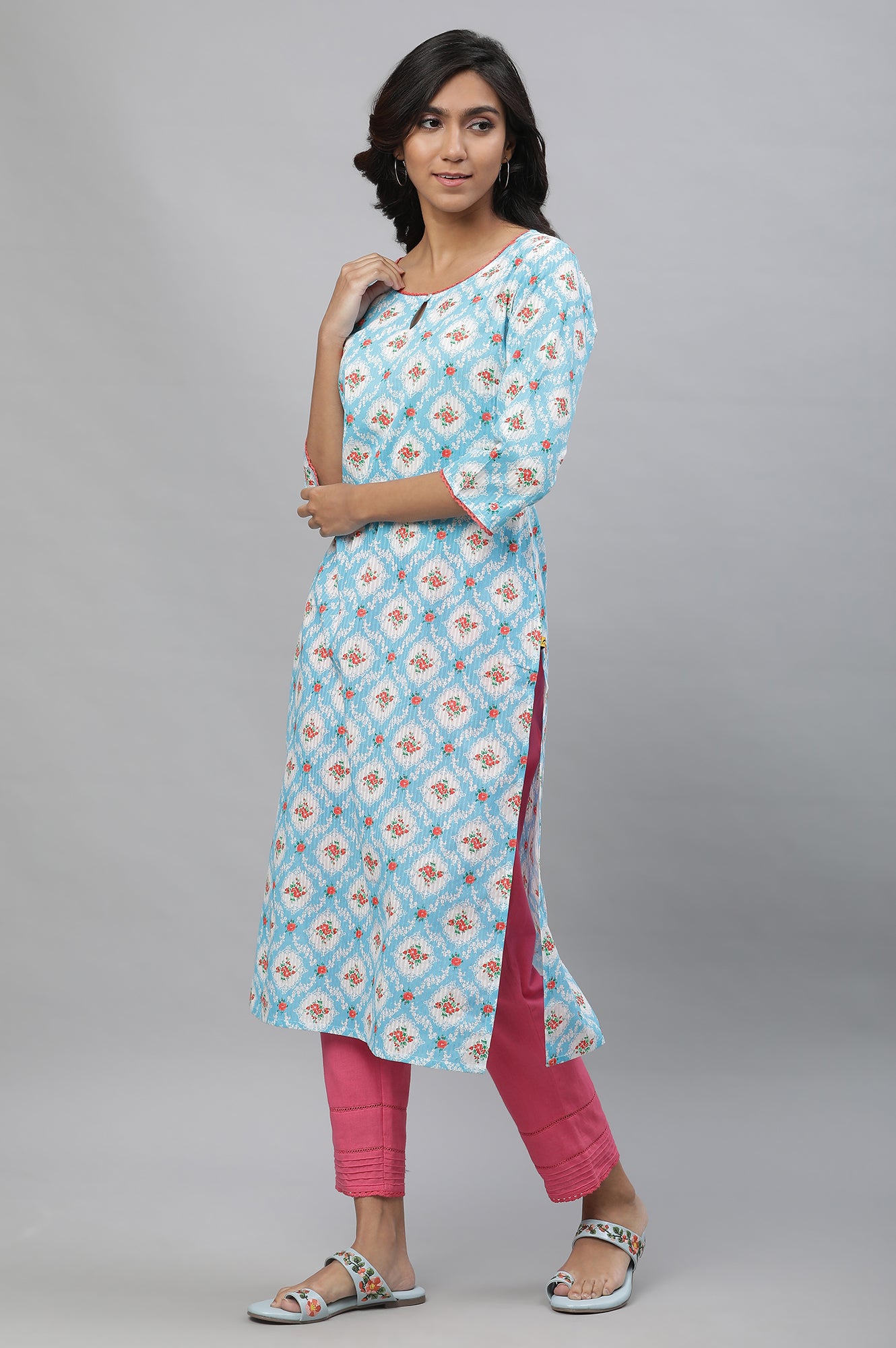 Blue Printed Kurta with Lace