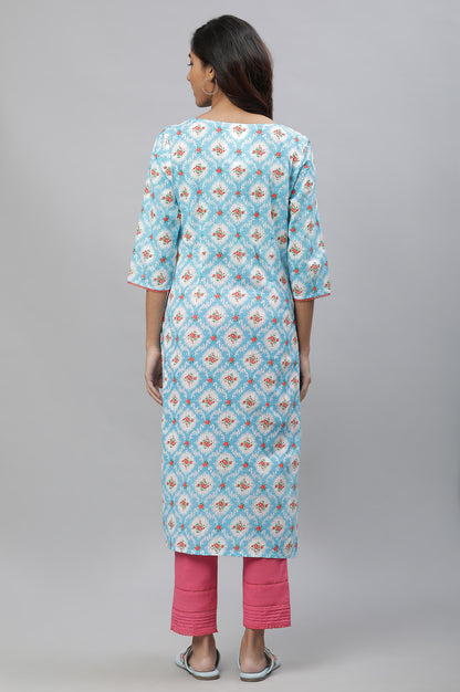 Blue Printed Kurta with Lace