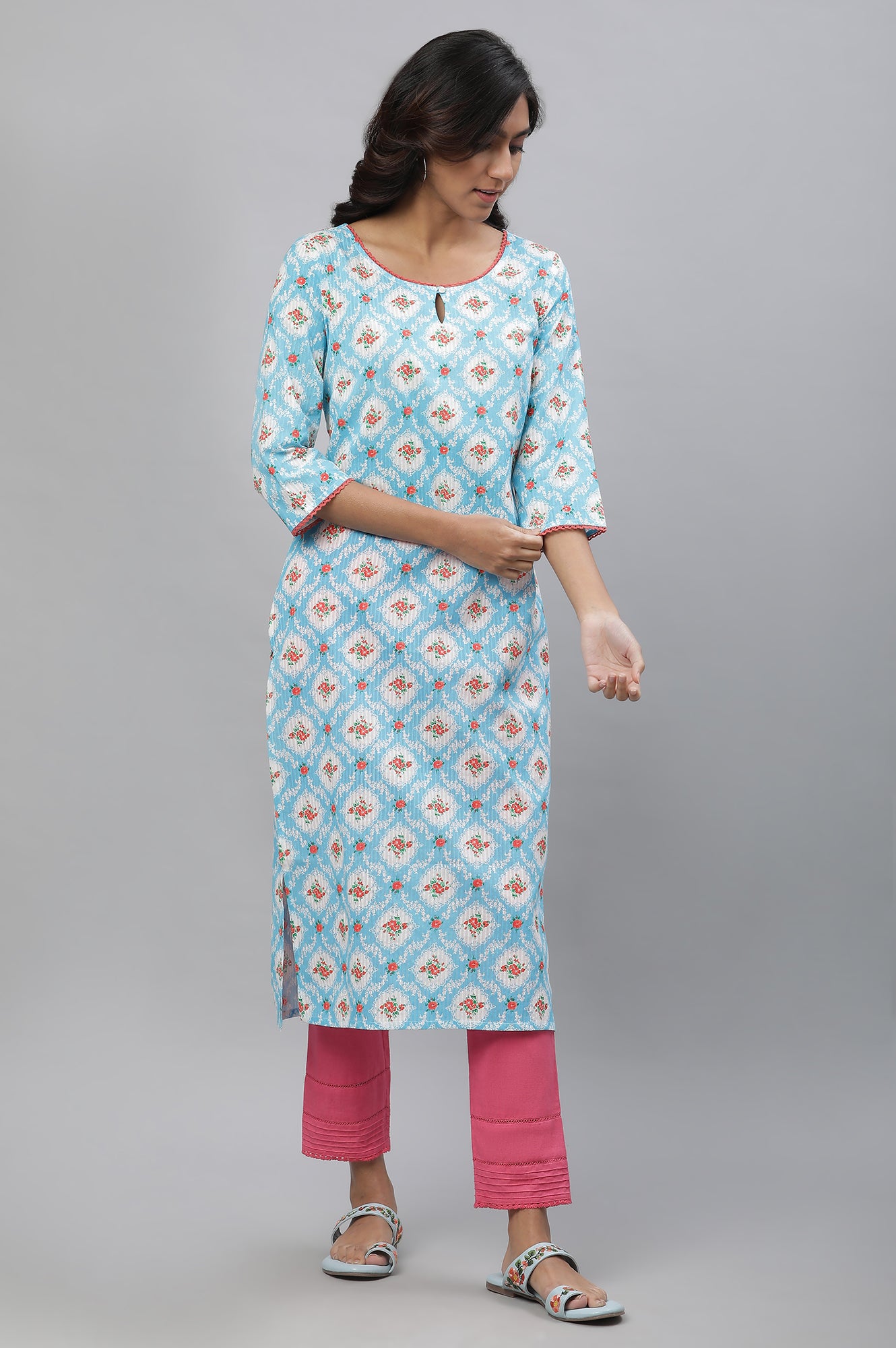 Blue Printed Kurta with Lace