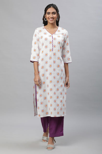 White Floral Printed Casual Kurta