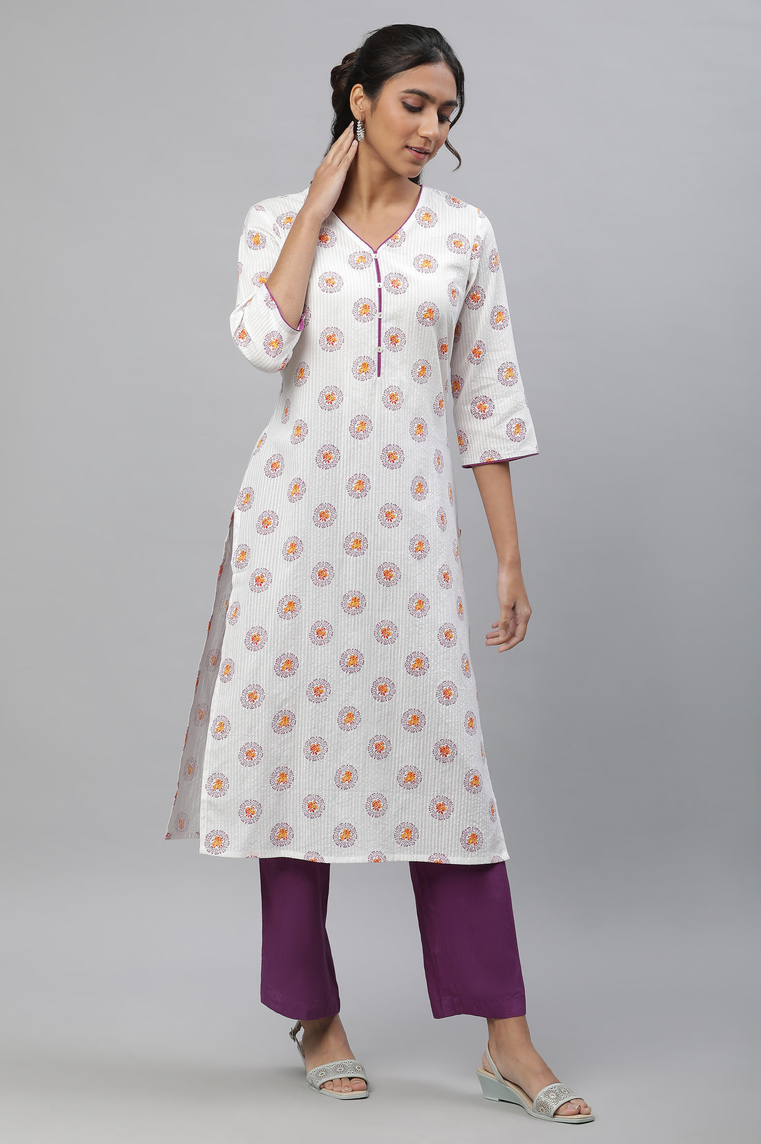 White Floral Straight Cotton Kurta