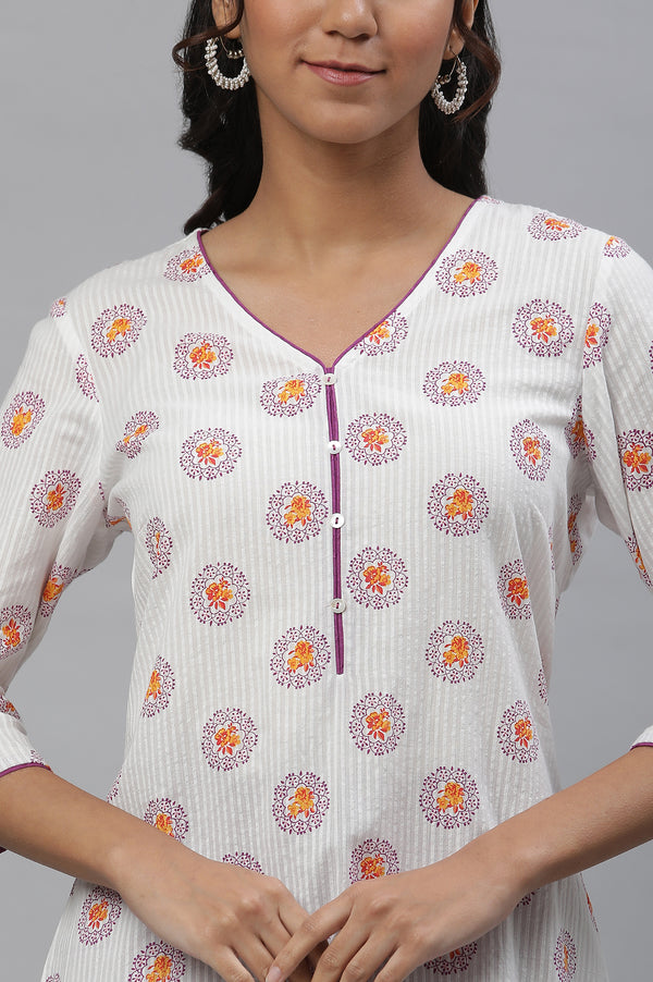 White Floral Printed Pure Cotton Straight Kurta and Trouser Set