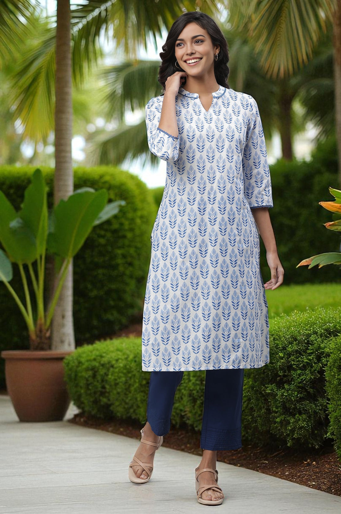 White Cotton Kurta with Blue Print