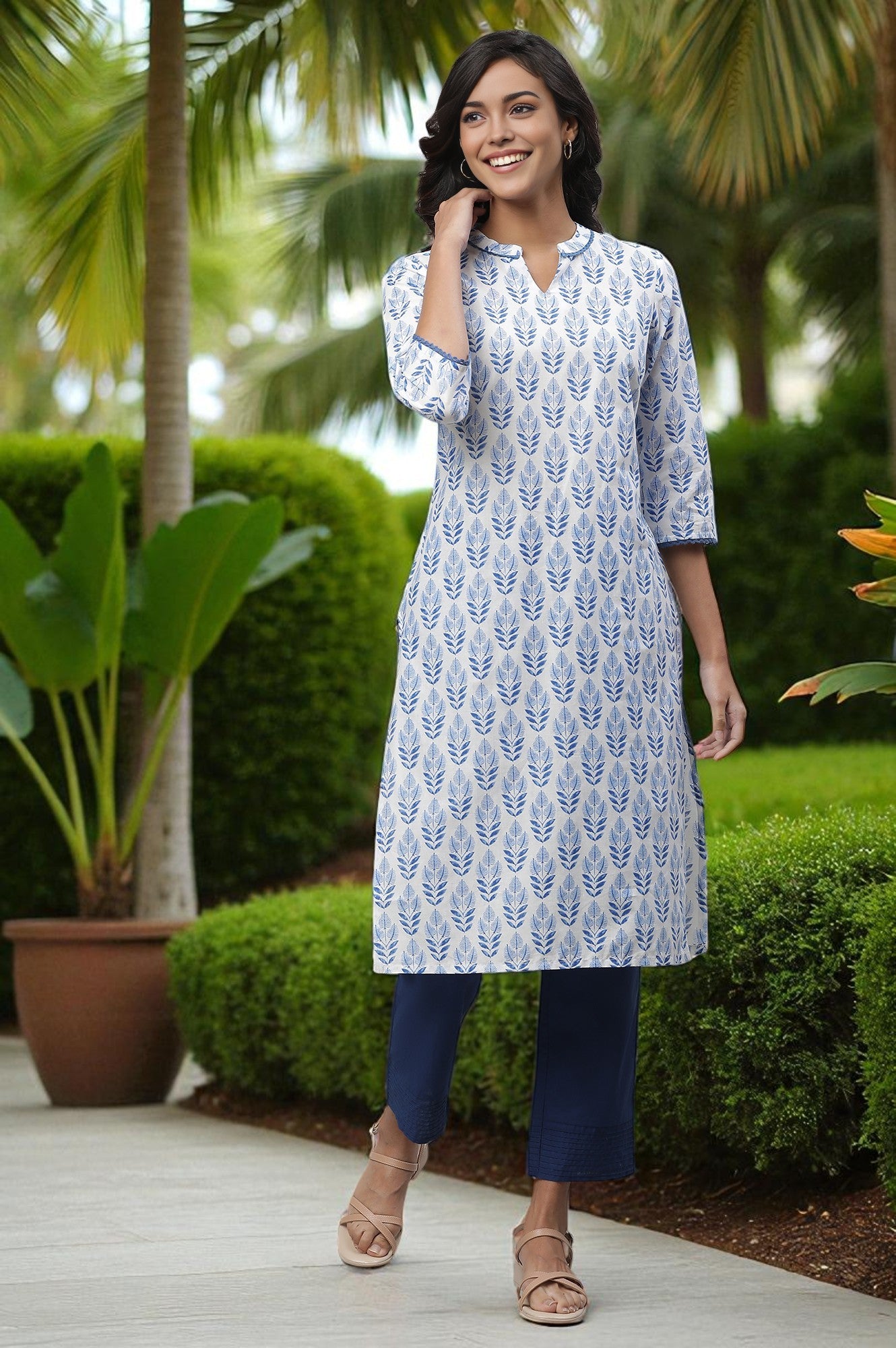 White Cotton Kurta with Blue Print