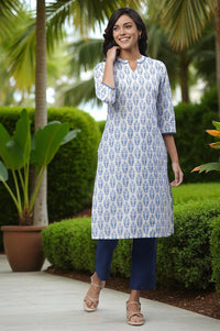 White Cotton Kurta with Blue Print