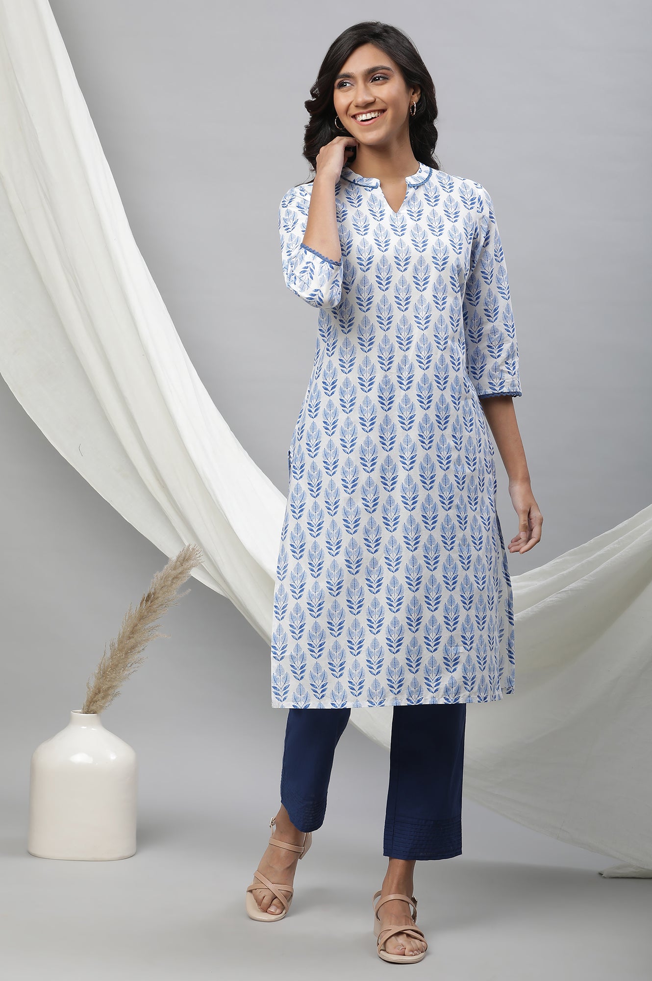 White Cotton Kurta with Blue Print